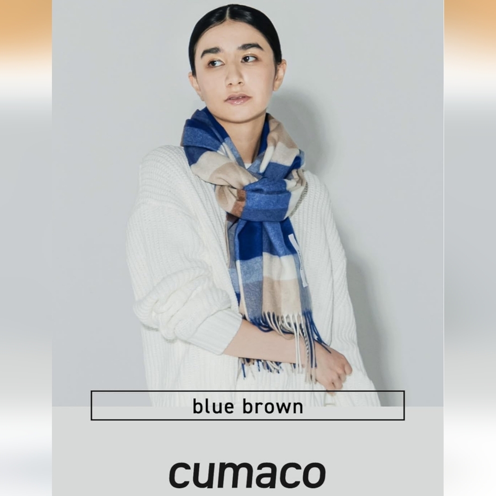 100% Cashmere Cumaco Blue Brown Checkered Scarf